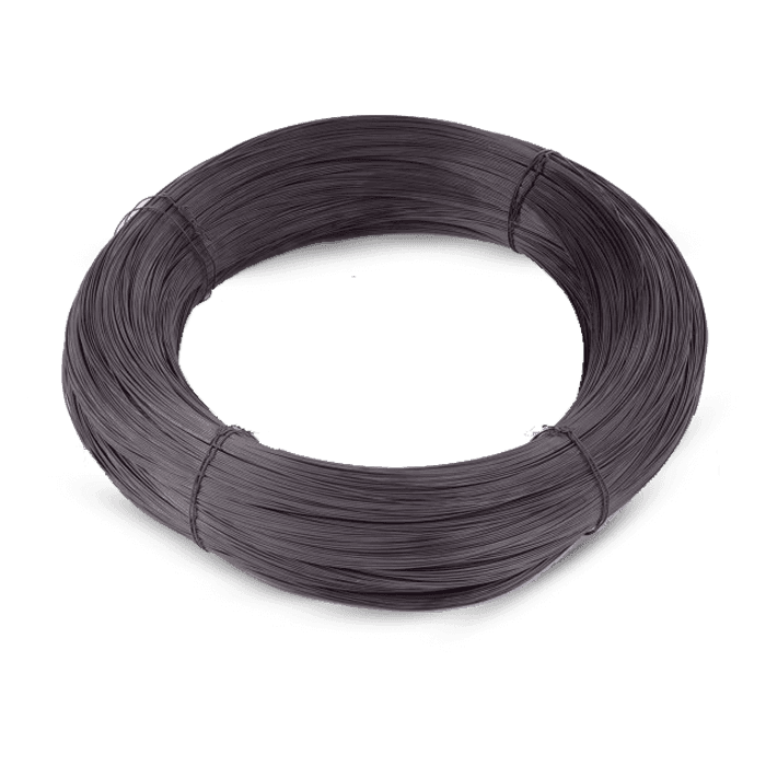 There is a coil of black annealed wire on the white ground.