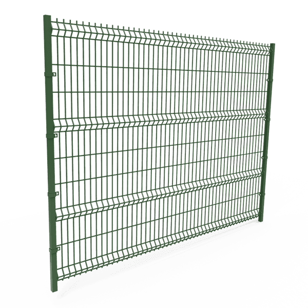 Se muestra una pieza de panel de valla soldada con curvas de recubrimiento en polvo verde.