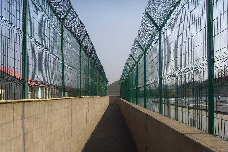 Two curvy welded fence are installed on the wall with concertina toppings.
