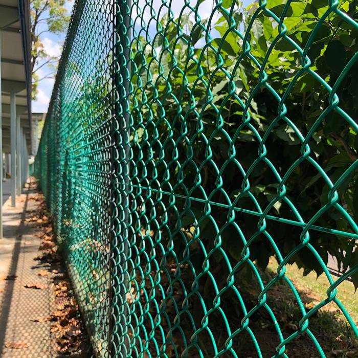Une clôture à mailles de chaîne verte est placée le long du parc.