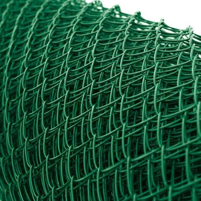 A roll of PVC coated chain link fence on white background