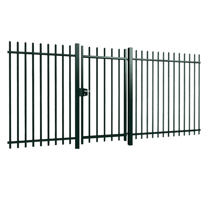 Una valla de acero puerta batiente única sobre fondo blanco.