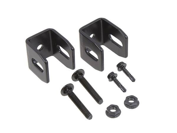 Two black powder coating mounting brackets and corresponding bolts and nuts are displayed.